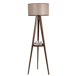 Opviq Lámpara de Pie de Abeto con Estantería de Madera y Pantalla de Tela, Nogal